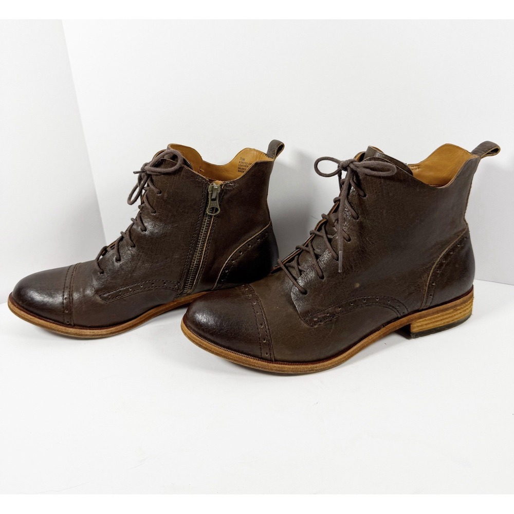 Kork-Ease Brown Leather Lace Up Ankle Boot Cap Toe Equestrian Zip Bootie 7.5